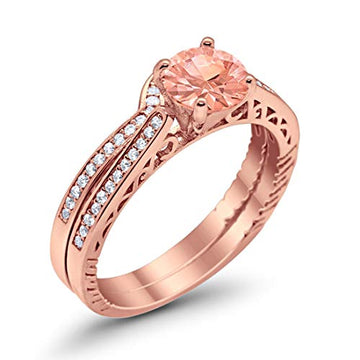 Filigree Wedding Bridal Set Piece Rose Tone, Simulated Morganite CZ 925 Sterling Silver
